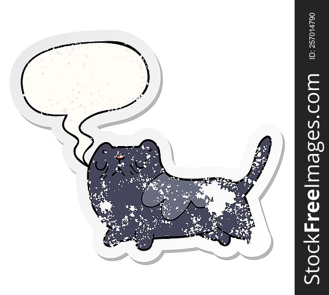 cartoon cat with speech bubble distressed distressed old sticker. cartoon cat with speech bubble distressed distressed old sticker