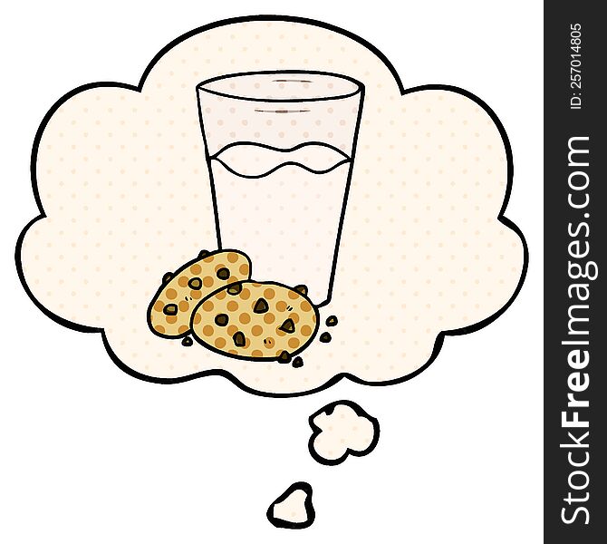 cartoon cookies and milk and thought bubble in comic book style