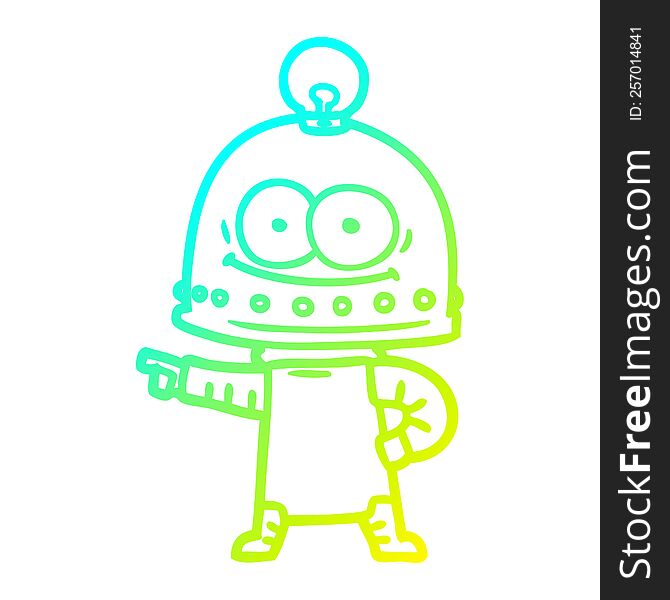 cold gradient line drawing of a happy carton robot with light bulb