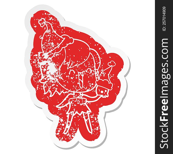 cute quirky cartoon distressed sticker of a happy vampire girl wearing santa hat