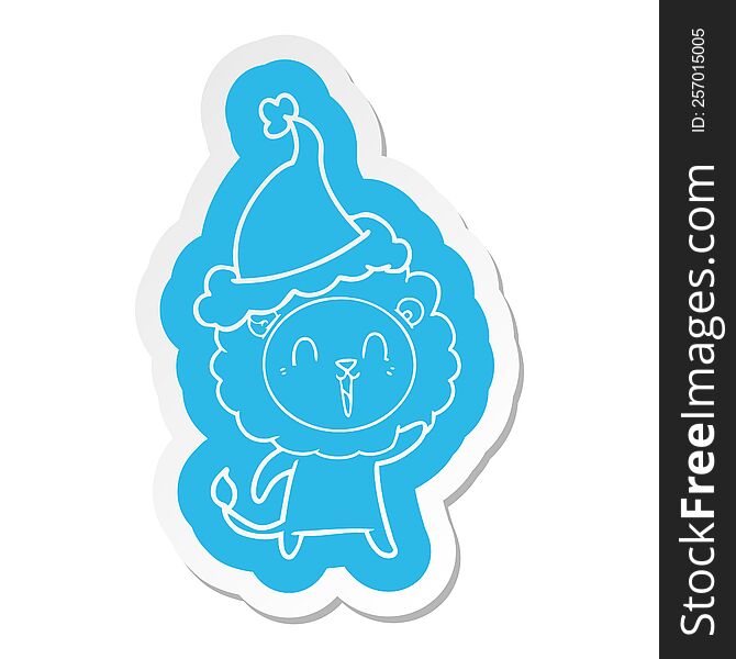 Laughing Lion Cartoon  Sticker Of A Wearing Santa Hat