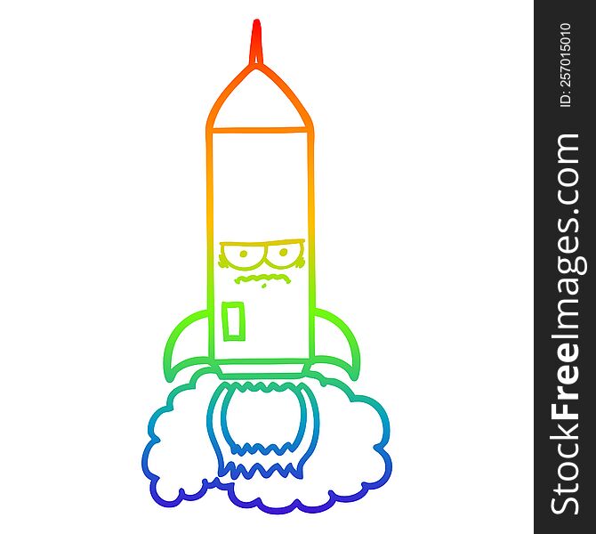 rainbow gradient line drawing of a cartoon rocket