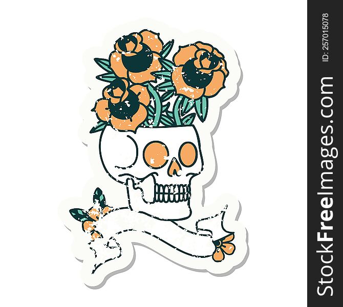 Grunge Sticker With Banner Of A Skull And Roses