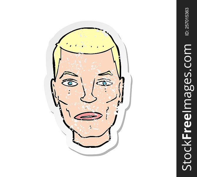 retro distressed sticker of a cartoon serious male face