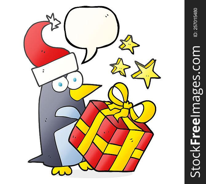Speech Bubble Cartoon Christmas Penguin With Present