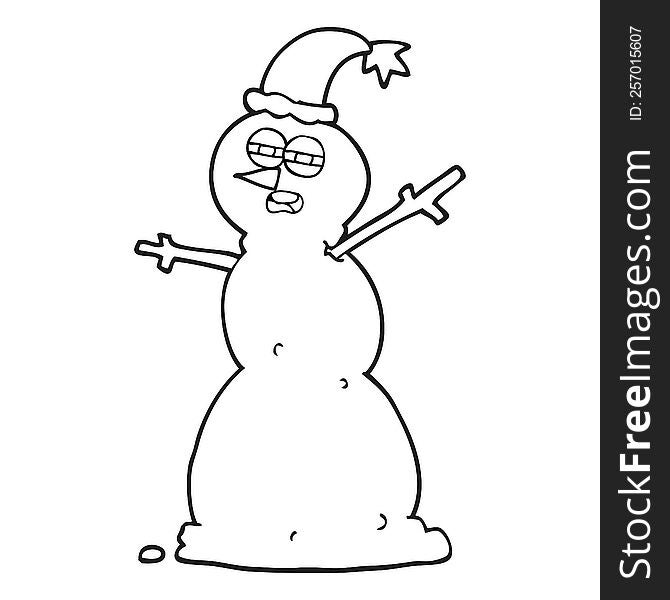 freehand drawn black and white cartoon unhappy snowman