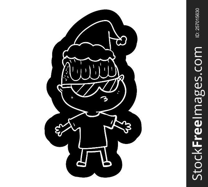quirky cartoon icon of a boy wearing sunglasses wearing santa hat