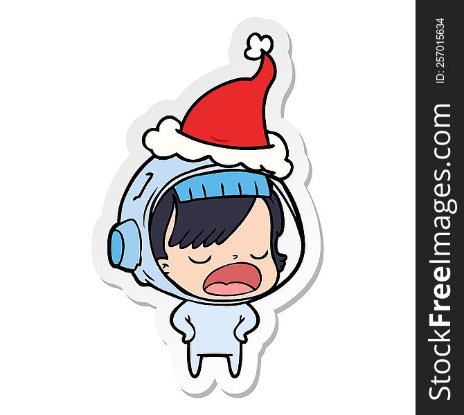 Sticker Cartoon Of A Astronaut Woman Explaining Wearing Santa Hat