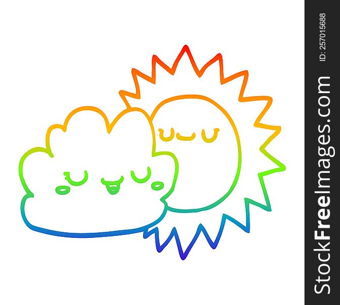 Rainbow Gradient Line Drawing Cartoon Sun And Cloud