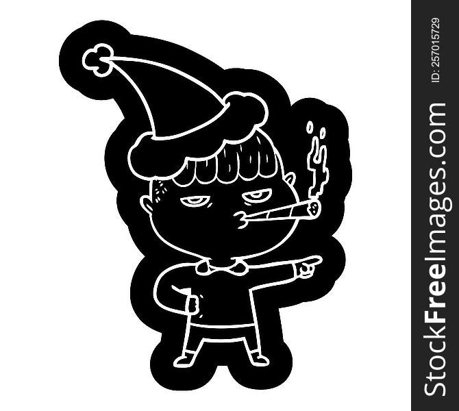 quirky cartoon icon of a man smoking wearing santa hat