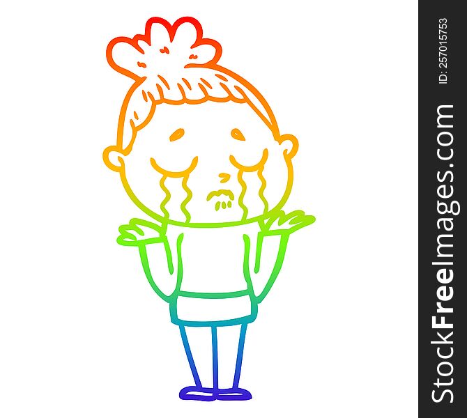 Rainbow Gradient Line Drawing Cartoon Crying Woman Shrugging