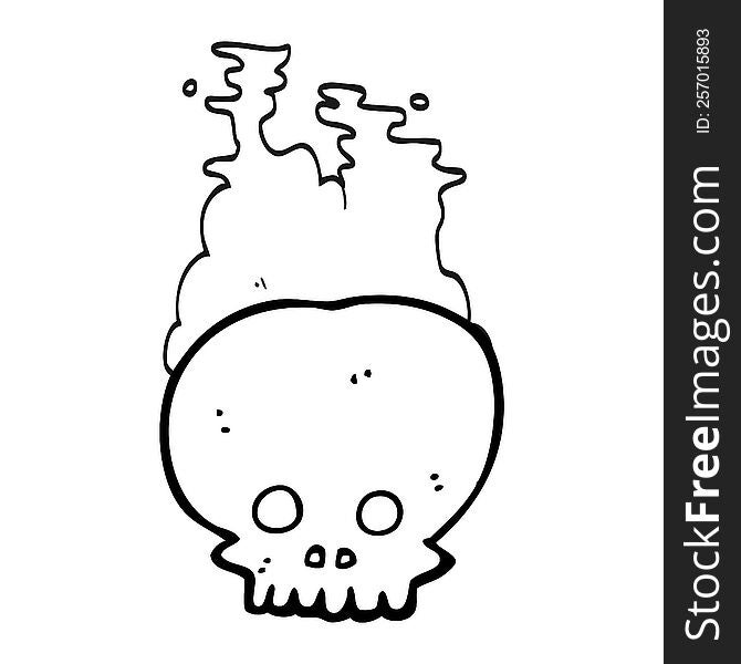 freehand drawn black and white cartoon steaming skull