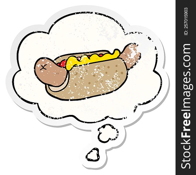 Cartoon Hot Dog And Thought Bubble As A Distressed Worn Sticker