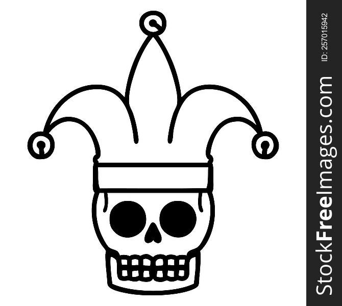 tattoo in black line style of a skull jester. tattoo in black line style of a skull jester