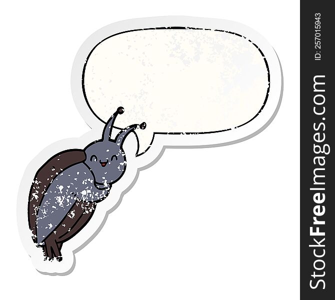 cute cartoon beetle with speech bubble distressed distressed old sticker. cute cartoon beetle with speech bubble distressed distressed old sticker
