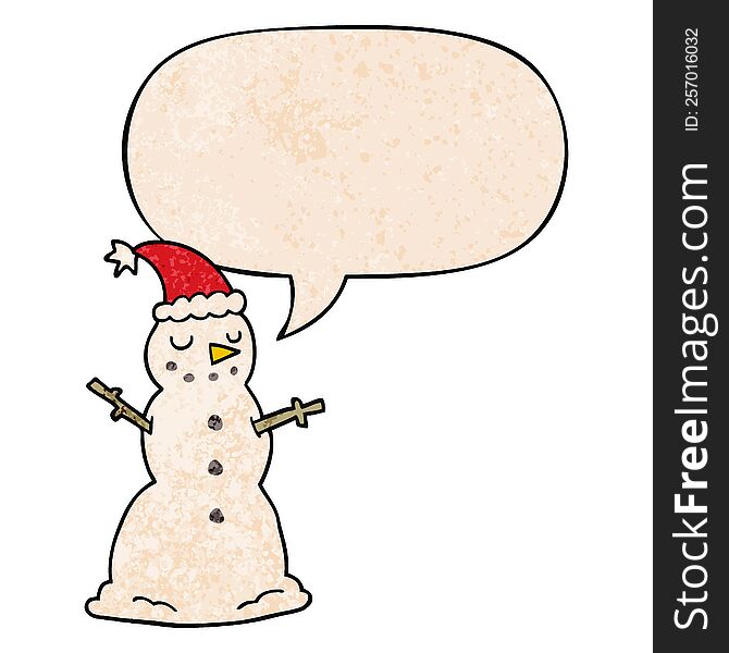 cartoon christmas snowman with speech bubble in retro texture style