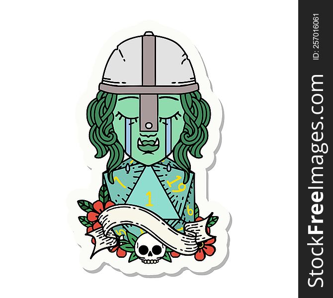 sticker of a crying orc fighter character face with natural one D20 roll. sticker of a crying orc fighter character face with natural one D20 roll