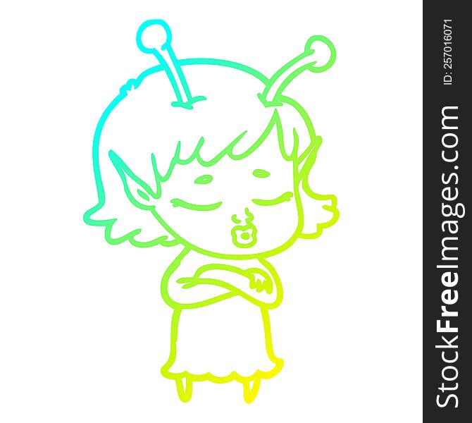 Cold Gradient Line Drawing Cute Alien Girl Cartoon