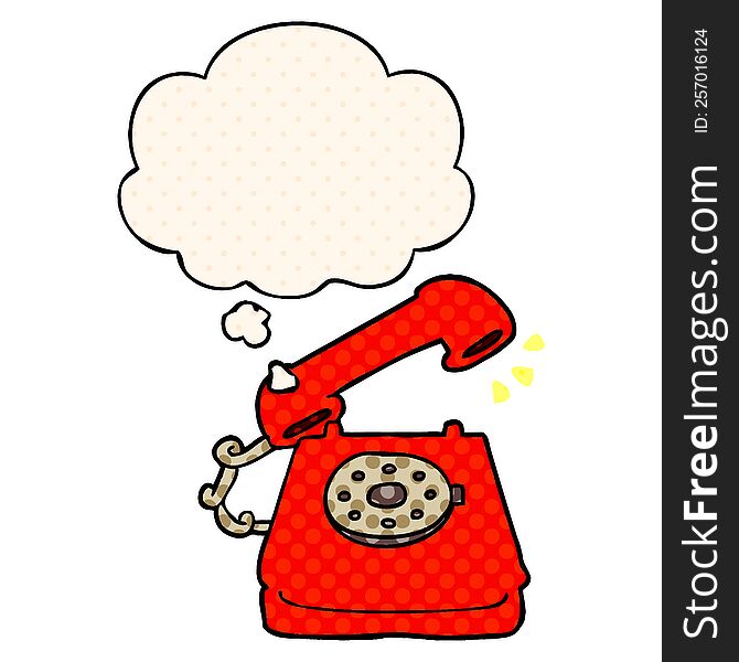 cartoon ringing telephone with thought bubble in comic book style