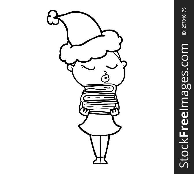 hand drawn line drawing of a calm woman wearing santa hat