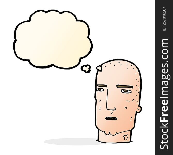 cartoon bald tough guy with thought bubble