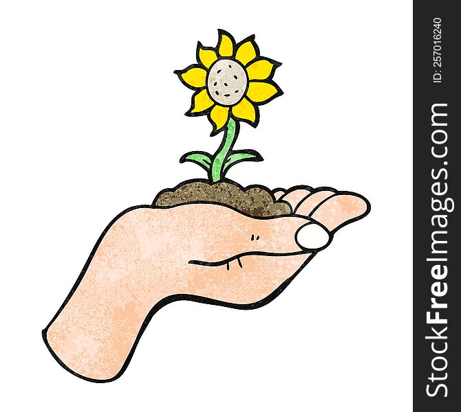 freehand textured cartoon flower growing in palm of hand