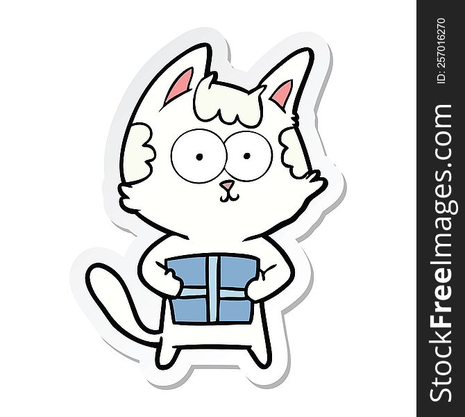 sticker of a happy cartoon cat with present