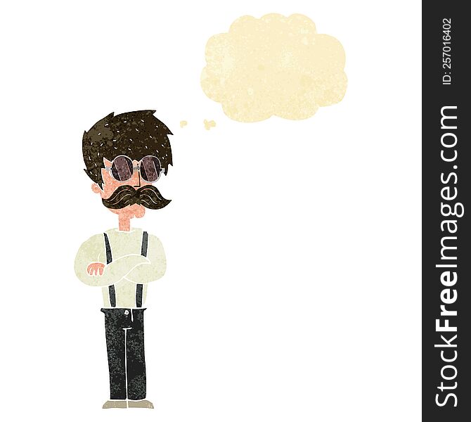 cartoon hipster man with mustache and spectacles with thought bubble
