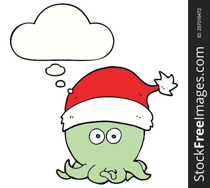 cartoon octopus wearing christmas hat with thought bubble