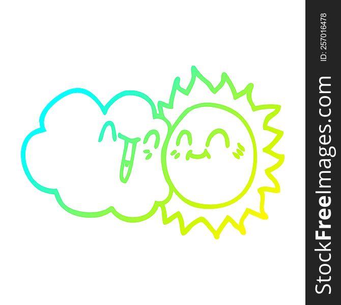 cold gradient line drawing of a cartoon happy sun and cloud