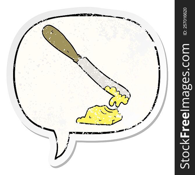 Cartoon Knife Spreading Butter And Speech Bubble Distressed Sticker