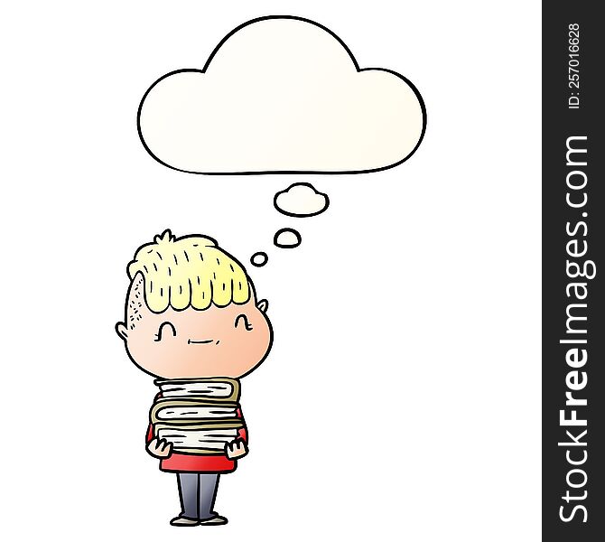cartoon friendly boy with books with thought bubble in smooth gradient style