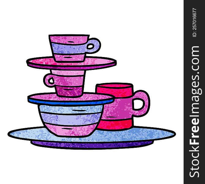 hand drawn textured cartoon doodle of colourful bowls and plates