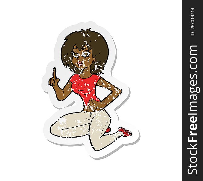 retro distressed sticker of a cartoon sitting woman with idea