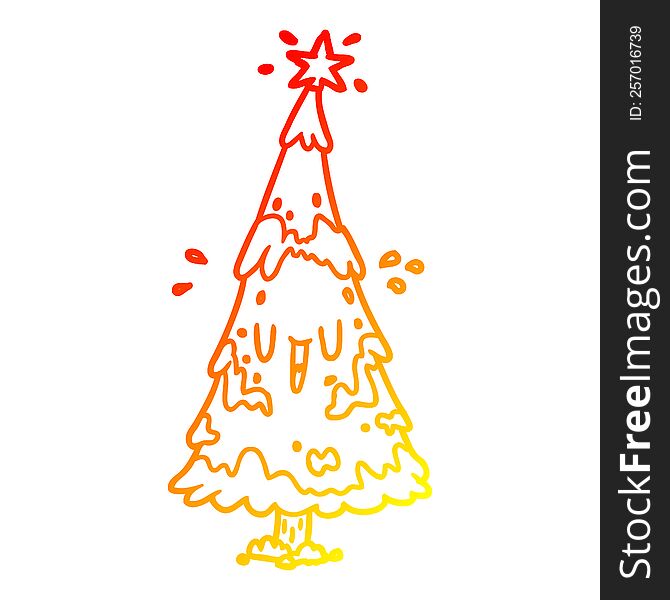 warm gradient line drawing of a snowy christmas tree with happy face