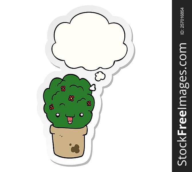 Cartoon Shrub In Pot And Thought Bubble As A Printed Sticker