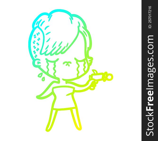 cold gradient line drawing of a cartoon crying girl pointing ray gun