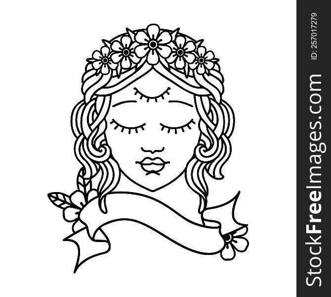 black linework tattoo with banner of female face with third eye