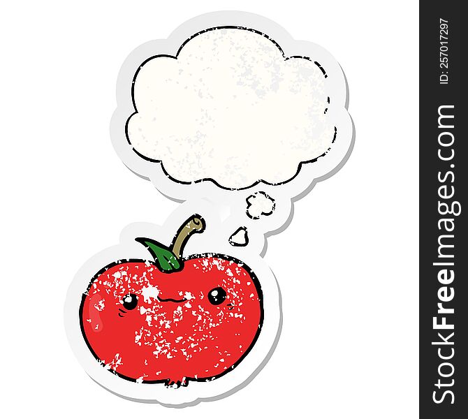 Cartoon Apple And Thought Bubble As A Distressed Worn Sticker