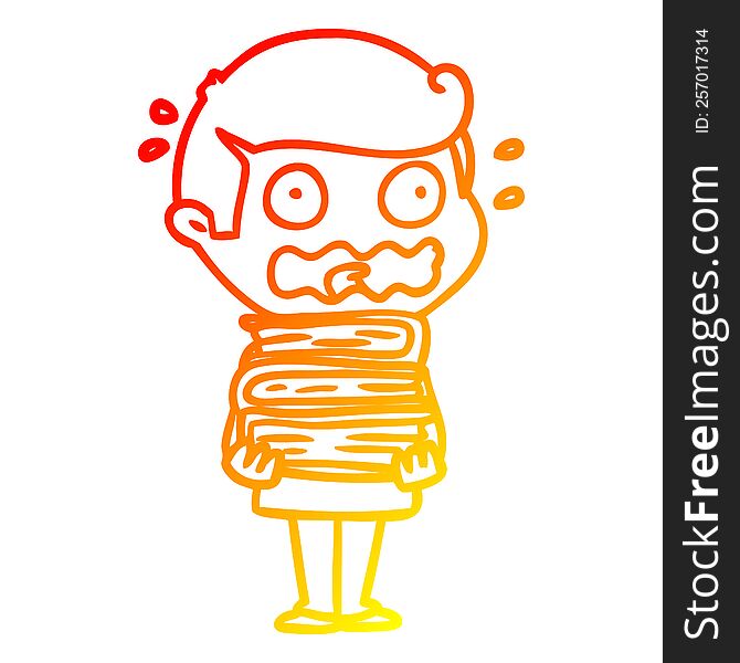 warm gradient line drawing of a cartoon man with books totally stressed out