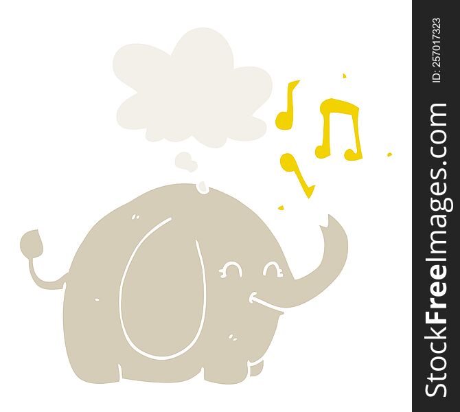 cartoon trumpeting elephant with thought bubble in retro style