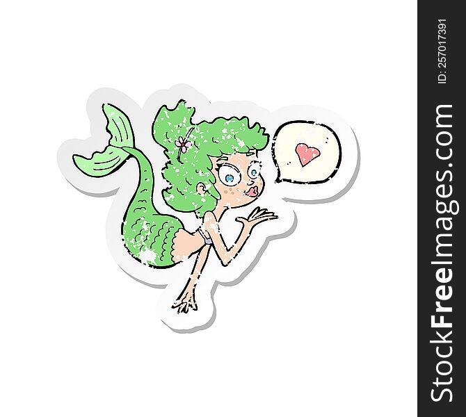 Retro Distressed Sticker Of A Cartoon Mermaid In Love