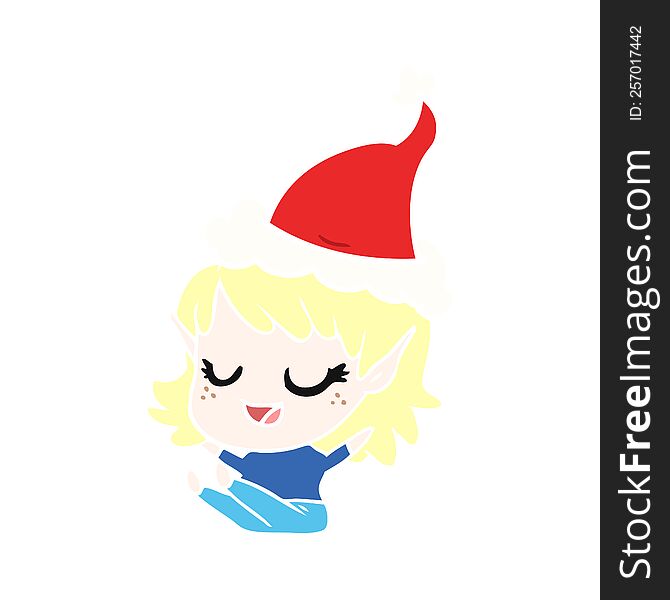 happy flat color illustration of a elf girl sitting wearing santa hat