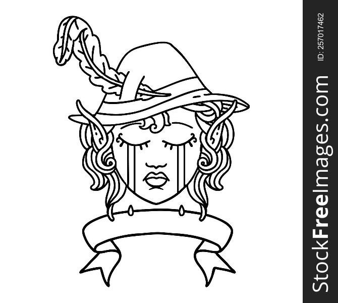 Black and White Tattoo linework Style crying elf bard character face with banner. Black and White Tattoo linework Style crying elf bard character face with banner
