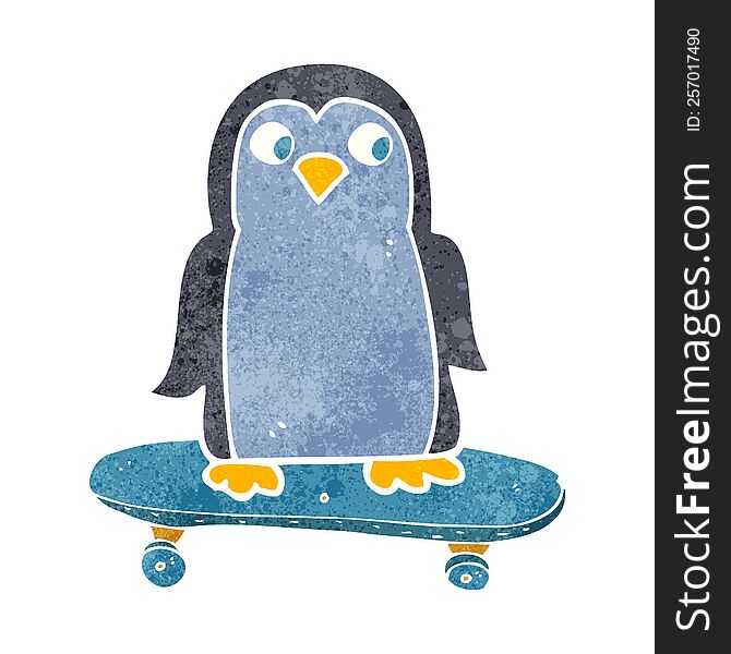 freehand retro cartoon penguin riding skateboard