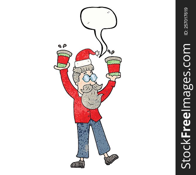 Speech Bubble Textured Cartoon Man With Coffee Cups At Christmas