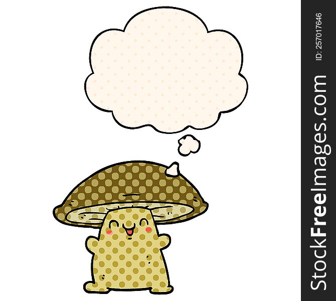 Cartoon Mushroom Character And Thought Bubble In Comic Book Style