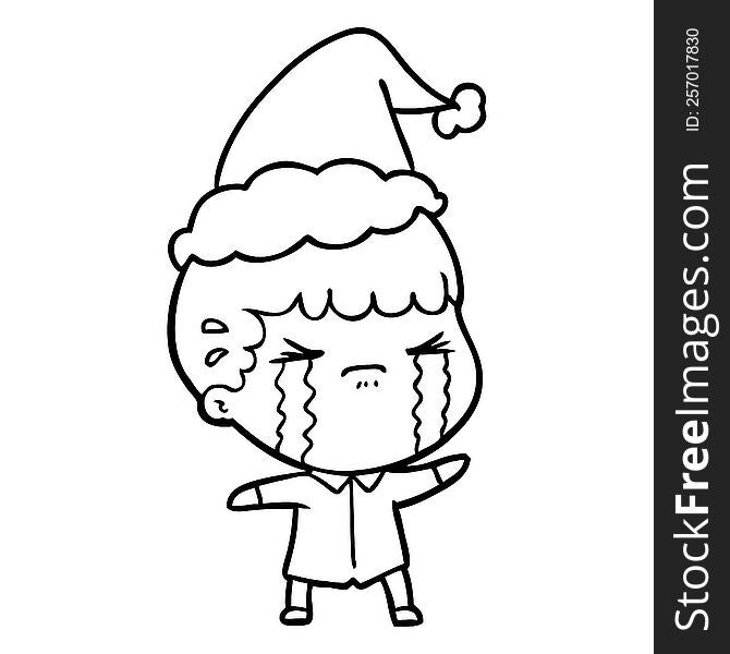 hand drawn line drawing of a man crying wearing santa hat