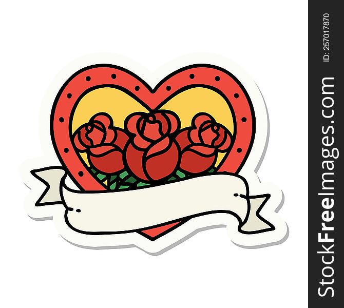 sticker of tattoo in traditional style of a heart and banner with flowers. sticker of tattoo in traditional style of a heart and banner with flowers