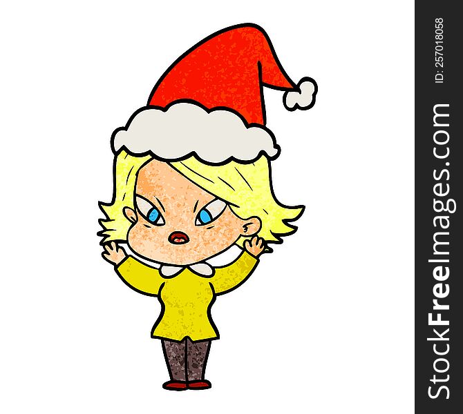hand drawn textured cartoon of a stressed woman wearing santa hat